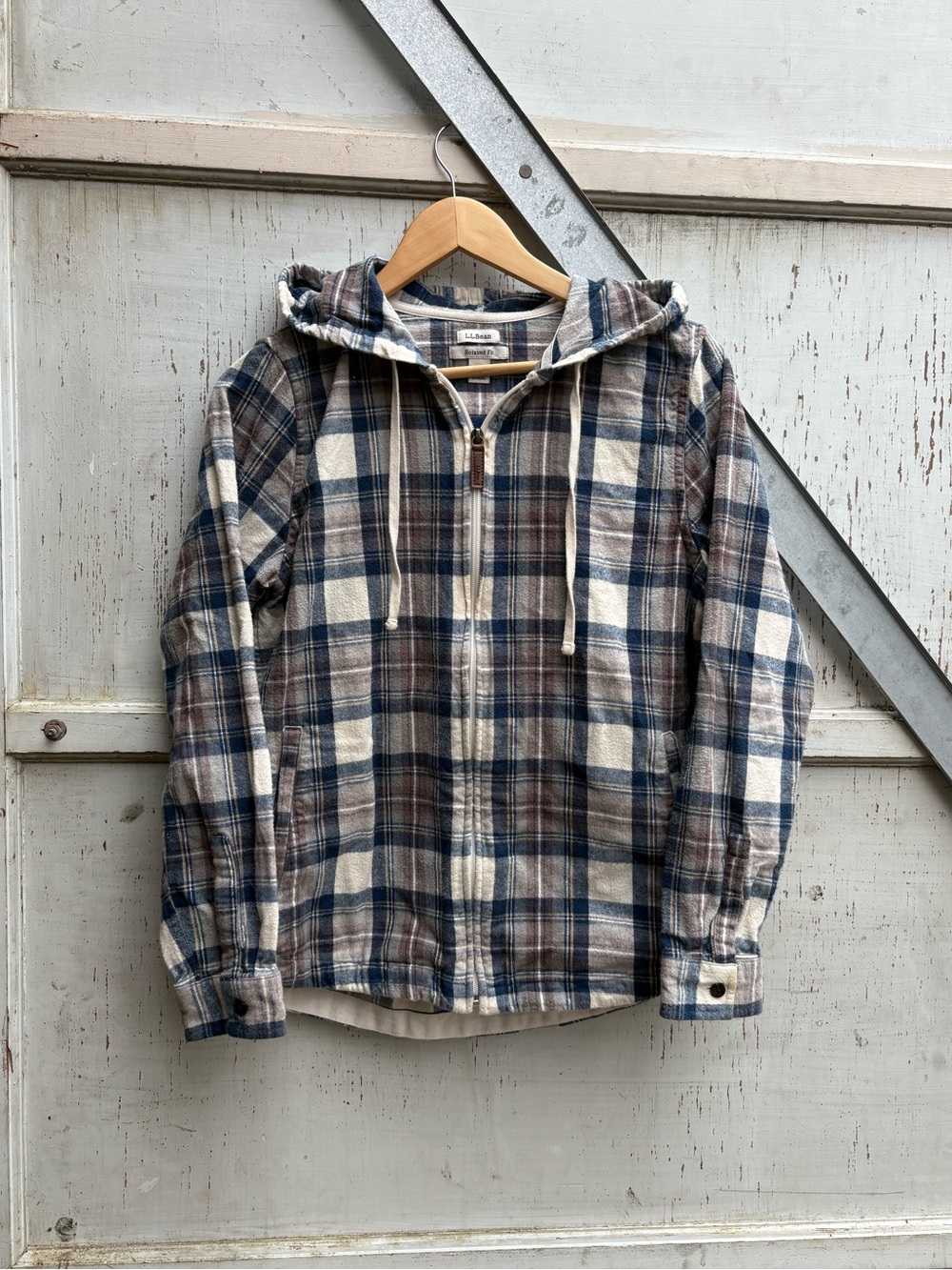 L.L. Bean Scotch Flannel Plaid Blue Brown Zip Up Hoodie Jacket Size S